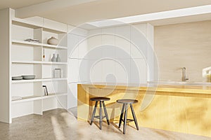 Stylish home kitchen interior with bar counter and stool, shelf with decoration