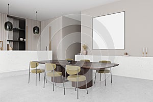 Stylish home kitchen interior dinner table, bar counter and decor, mockup frame