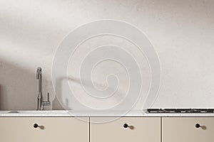 Stylish home kitchen interior with washbasin and stove, empty wall