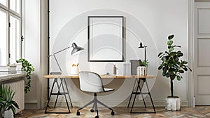 Stylish home office with an empty Picture frame above desk, AI-generated.