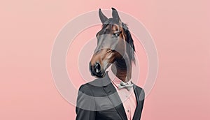 Stylish horse in a business suit looking away on a pink background, animal, creative concept