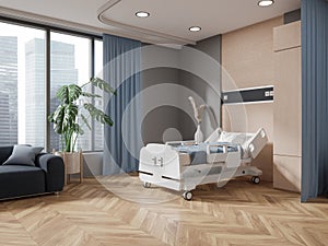 Stylish hospital room interior with bed, couch and panoramic window