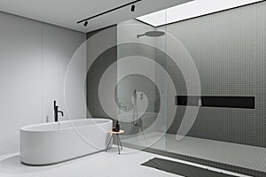 Stylish hotel bathroom interior with bathtub, accessories and shower