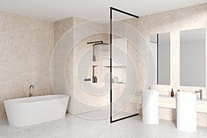 Stylish hotel bathroom interior with douche, tub and sink with accessories