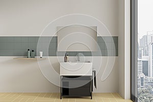 Stylish hotel bathroom interior with sink and accessories, panoramic window