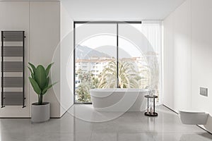 Stylish hotel bathroom interior with tub and toilet, panoramic window