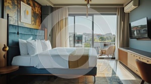 Stylish hotel room with elegant decor and a panoramic window offering views of the urban landscape.