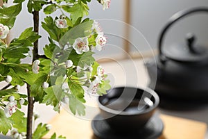 Stylish ikebana as house decor. Beautiful fresh branch with flowers on blurred background, closeup and space for text