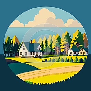 A stylish illustration depicting a landscape, a field and a cute house. Vector design, printing, print, graffiti