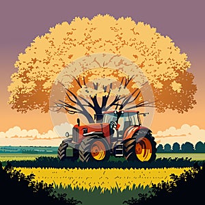 Stylish illustration with the image of a tractor on the field. Vector design, printing, print, graffiti
