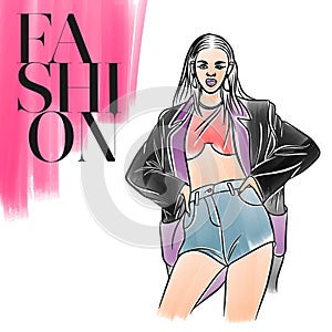 Stylish image of a girl in short shorts, fashion, watercolor, doodle