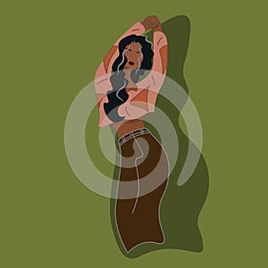 Stylish incendiary latina girl dancing fun. Flat design. Bright character.