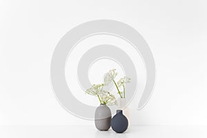 Stylish indoor interior. Gray, black and white vases with episcopal weed bouquet on table on white background. Cute soft