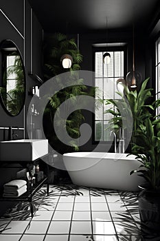 Stylish interior of bathroom in black and white colors with decorative plants in flowerpots in modern house