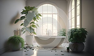 Stylish interior of bathroom with green houseplants