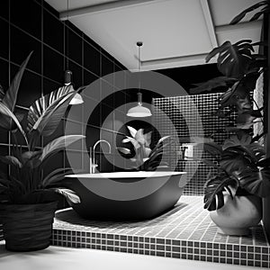 Stylish interior of bathroom in modern house. Black and white image