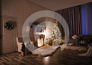 Stylish interior with beautiful Christmas tree and artificial fireplace