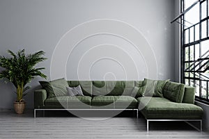 Stylish interior of bright living room with green sofa and plant. Living room interior mockup. Modern design room with bright