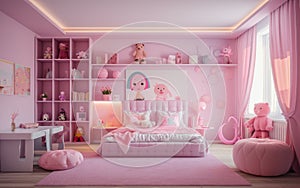 Stylish interior of a children's room in pink color. room for little girls.