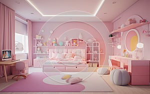 Stylish interior of a children's room in pink color. room for little girls.