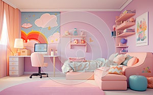 Stylish interior of a children's room in pink color. room for little girls.