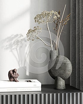 Stylish interior composition with a clay vase and books on a chest of drawers , 3d render