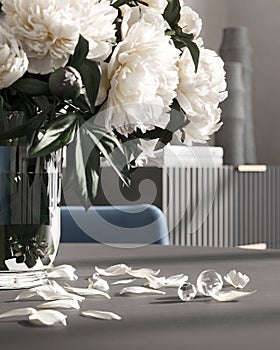 Stylish interior composition with flowers on the background of a modern interior , 3d render