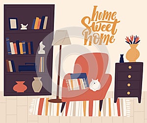 Stylish interior of cozy room vector flat illustration. Cartoon cat lying on comfy armchair with pillows surrounded by