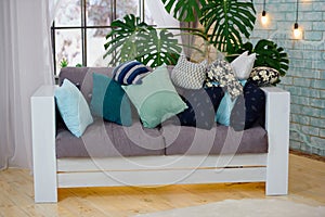 Stylish interior design with gray sofa, cushions and tropical Monstera palm leaves.