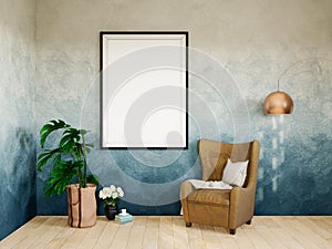 Stylish interior design of living room with mock up poster frame