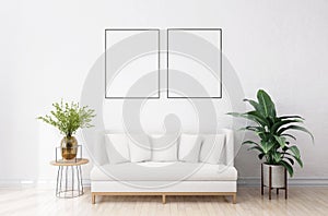Stylish interior design of living room with mock up poster frame