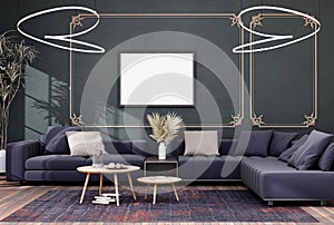 Stylish interior design of living room with mock up poster frame