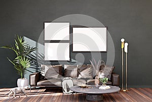 Stylish interior design of living room with mock up poster frame