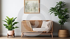 Stylish interior design of living room with wooden retro commode, chair, tropical plant in rattan pot, basket and elegant personal