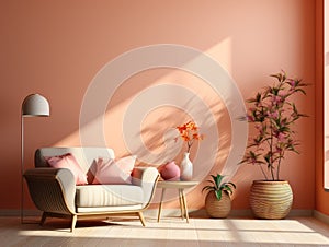 Stylish interior design of orange living room with armchair, side table, plants. Home staging. Sample. Copy space