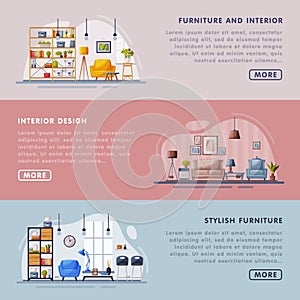 Stylish Interior and Furniture Design Landing Page Templates Set, Cozy Living Space, Creation Home Interior Website