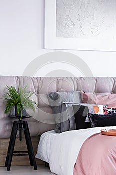 Stylish interior with gray bedhead