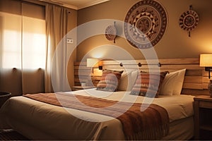 Stylish interior of hotel room in ethno style for two persons. Modern luxury design