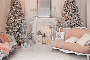 Stylish interior of living room with Christmas tree and lights glowing garlands. Cozy decorated room for Xmas. Decorated Christmas