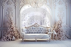 Stylish interior of living room with decorated Christmas tree. Christmas decoration.