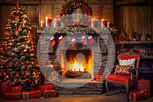 Stylish interior of living room with fireplace decorated Christmas tree. Christmas decoration.