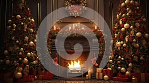 Stylish interior of living room with fireplace decorated Christmas tree. Christmas decoration