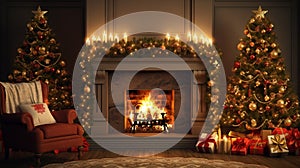 Stylish interior of living room with fireplace decorated Christmas tree. Christmas decoration