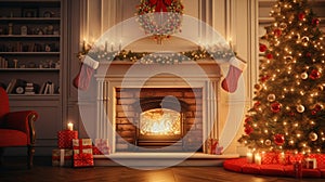 Stylish interior of living room with fireplace decorated Christmas tree. Christmas decoration