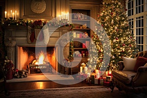 Stylish interior of living room with fireplace decorated Christmas tree. Christmas decoration. Generative AI