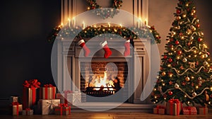 Stylish interior of living room with fireplace decorated Christmas tree. Christmas decoration