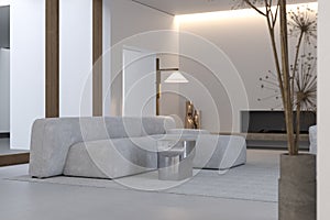 Stylish interior of living room with firm and geometric lines and forms. Minimalism and constructivism concept. White