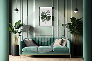 Stylish interior of living room with mint sofa, design furnitures, plants, pillow, elegant accessories, mock up poster frame and