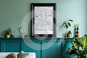 Stylish interior of living room with mock up poster frame.