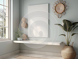 **Interior mockup with a blank canvas frame, plants, and boho decoration photo